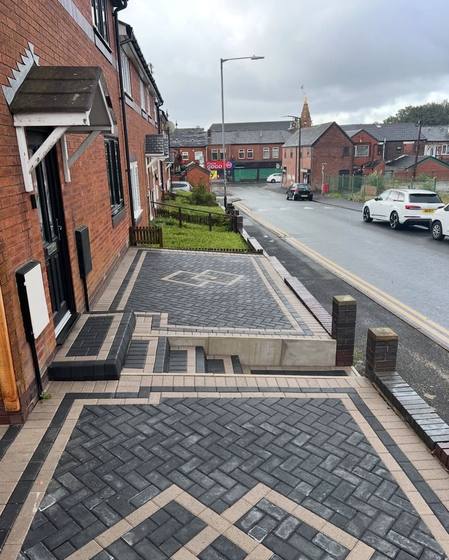 Herringbone block paving driveway with contrast border